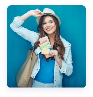 happy lady is standing face to you